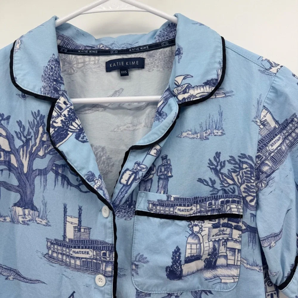Katie Kime Pajama Set Women XXS Blue New Orleans Toile Short Sleeve Cotton Modal